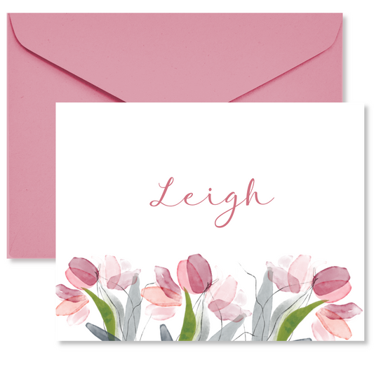 Pink Line Art Tulips  Personalized Note Cards