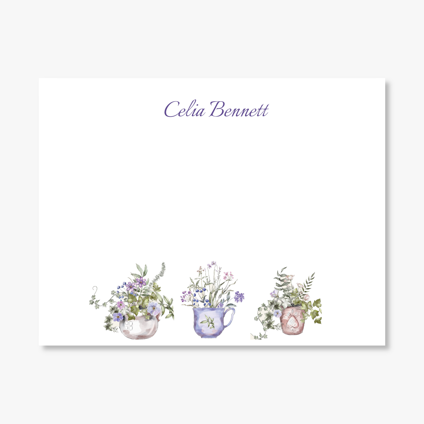 Lavender Floral Flower Pots Flat Note Card Set