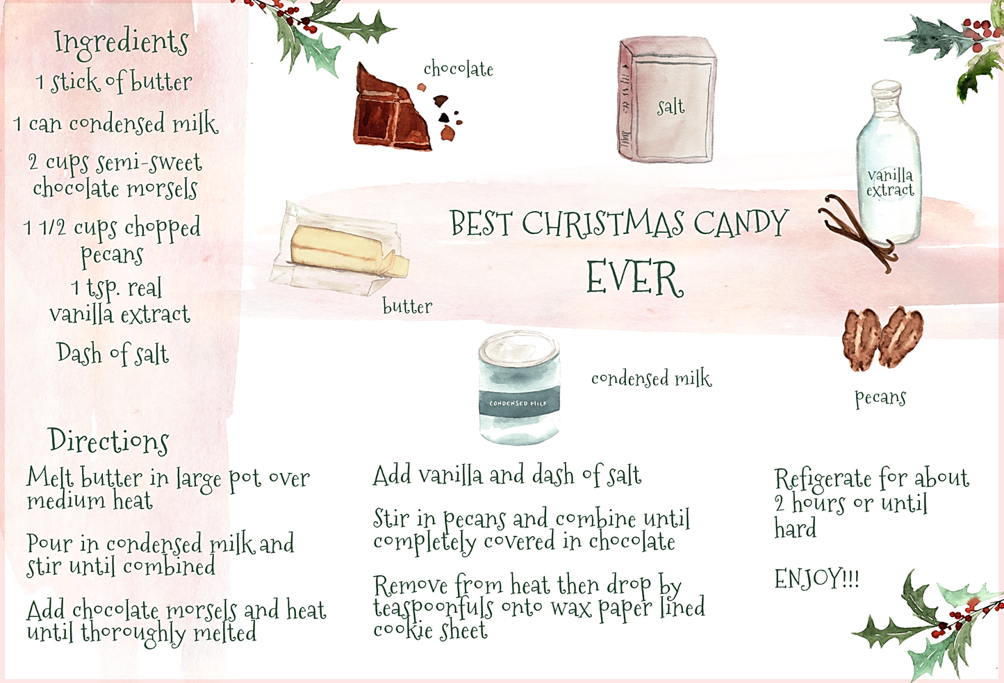 Christmas Candy Printed Illustrated Recipe Cards