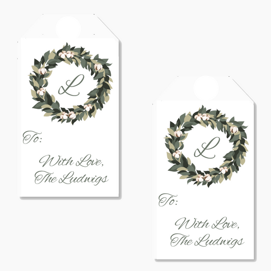 Holly Wreath Monogrammed Printed Holiday Gift Tags