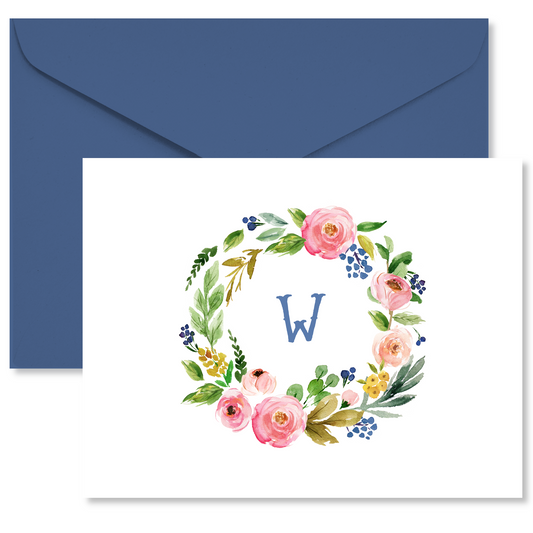 Spring Floral Wreath Monogram Note Cards