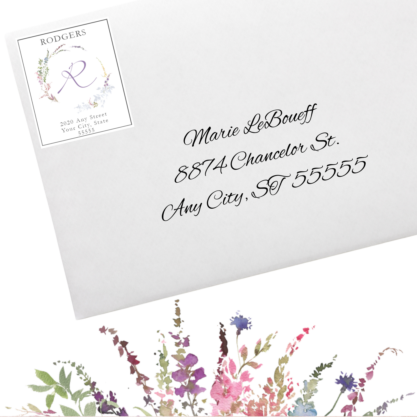 Meadow Floral Wreath Monogrammed Return Address Labels