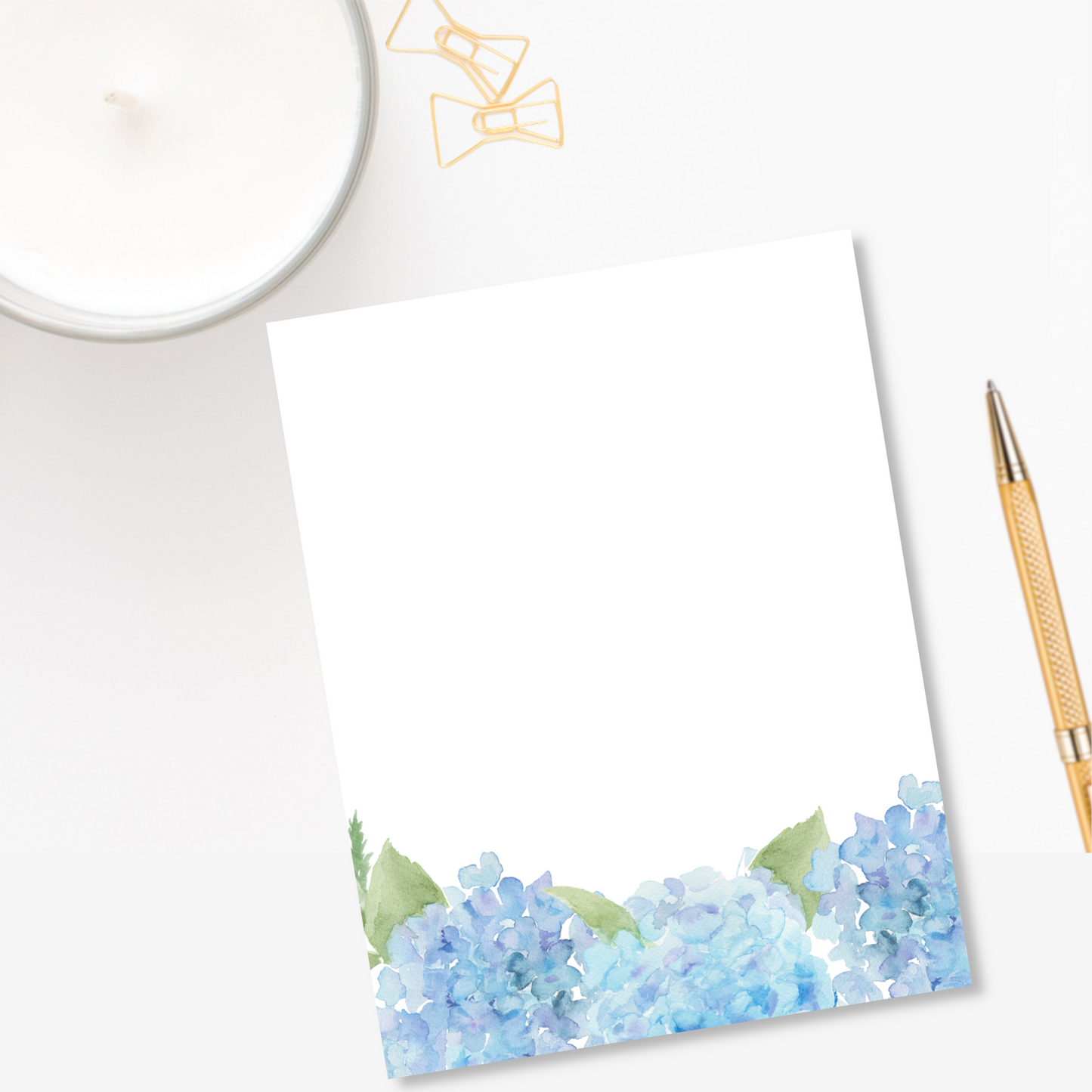 Blue Hydrangea Border Watercolor  Note Pad | 50 Sheets