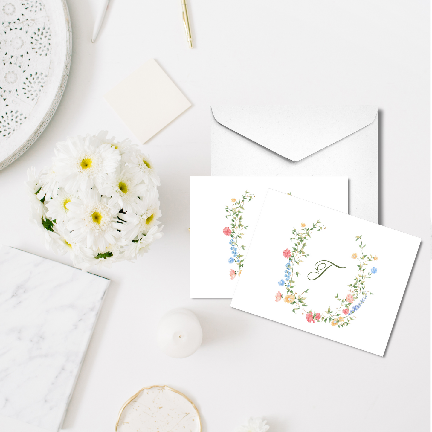 Vintage Wildflower Crest Monogram Note Cards