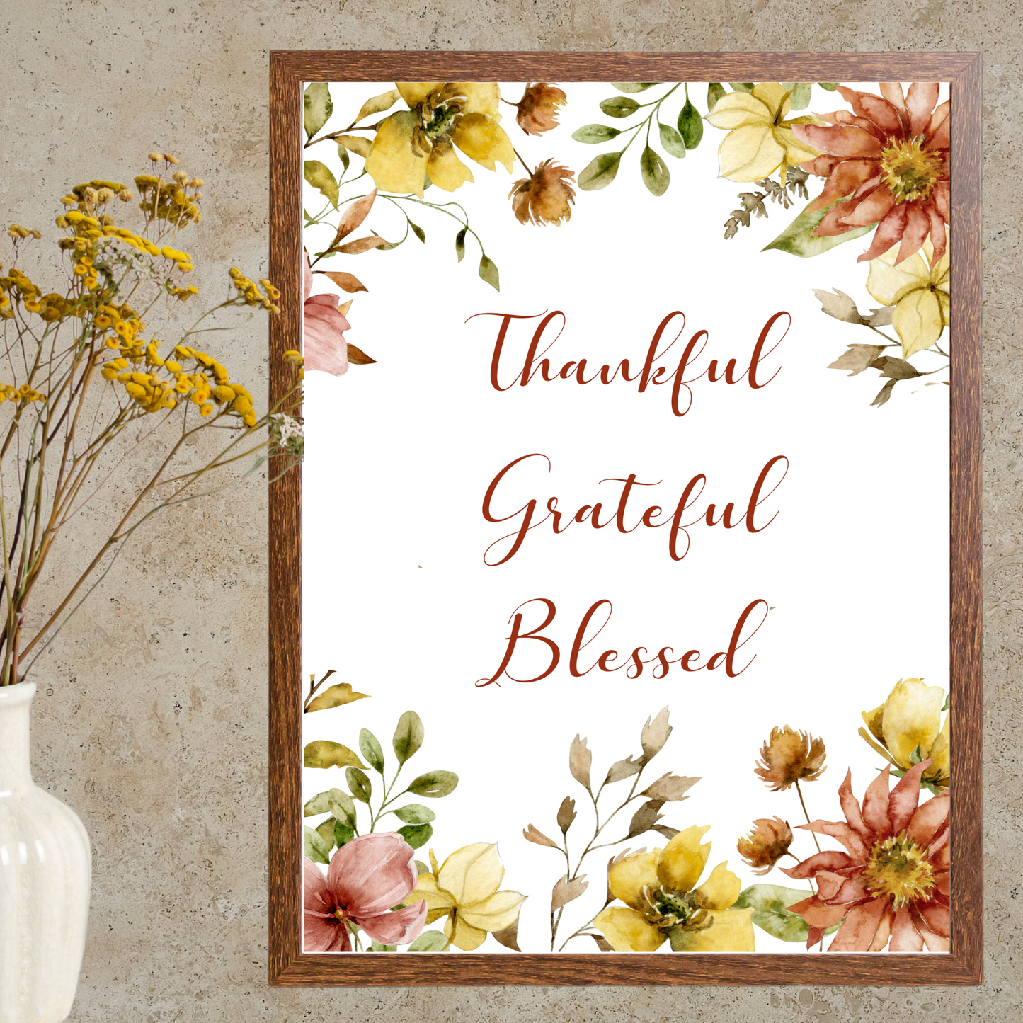 Thankful Grateful Blessed Autumn Watercolor Wall Print