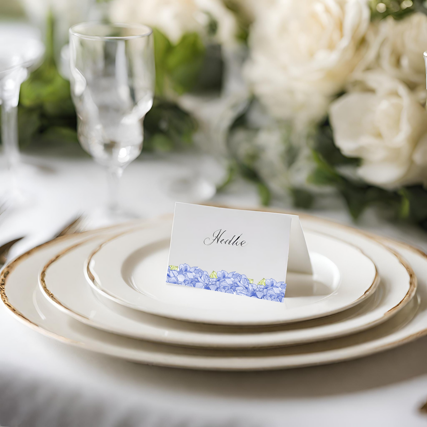 Blue Hydrangea Border Printed Place Cards