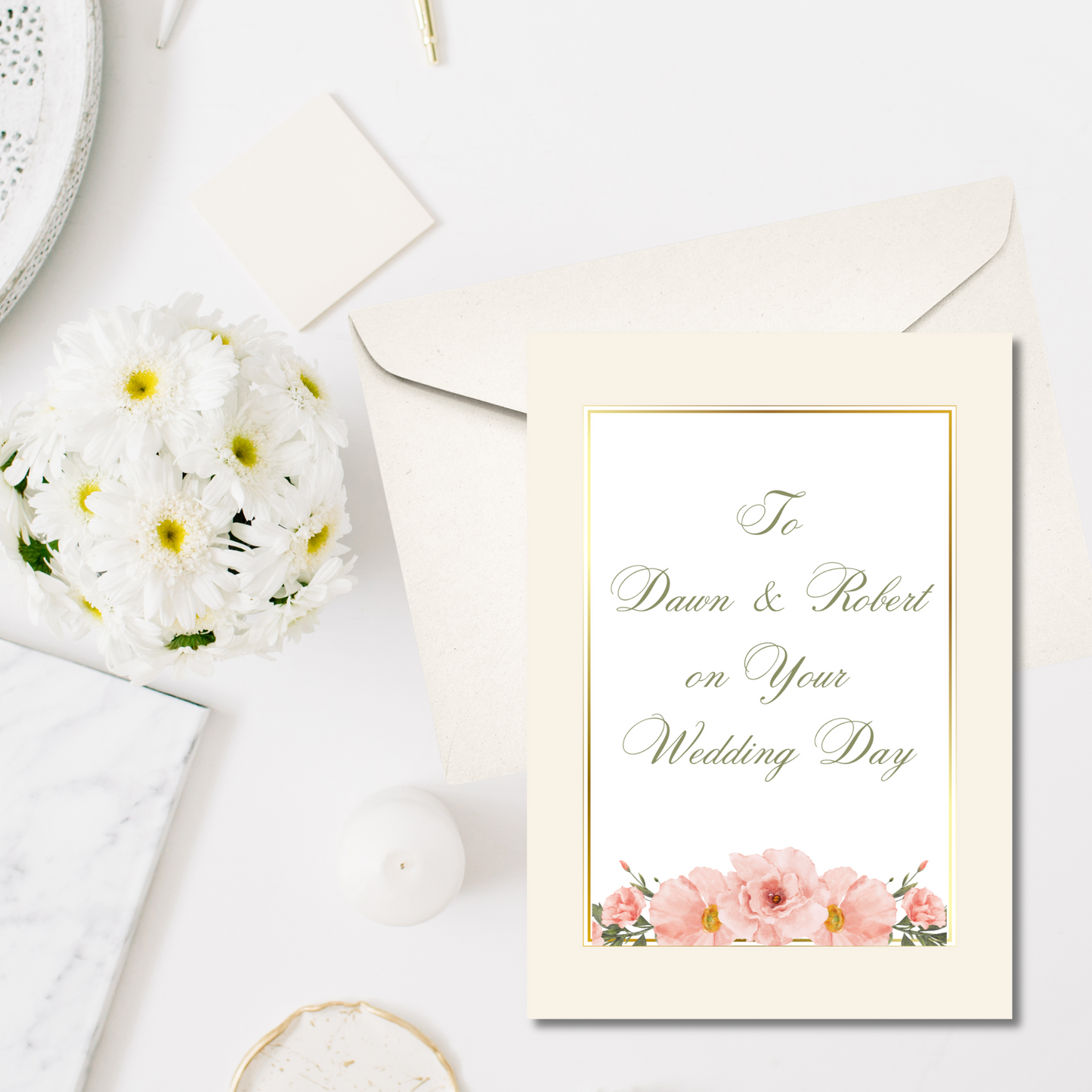 Personalized Rose Floral Wedding Day Card