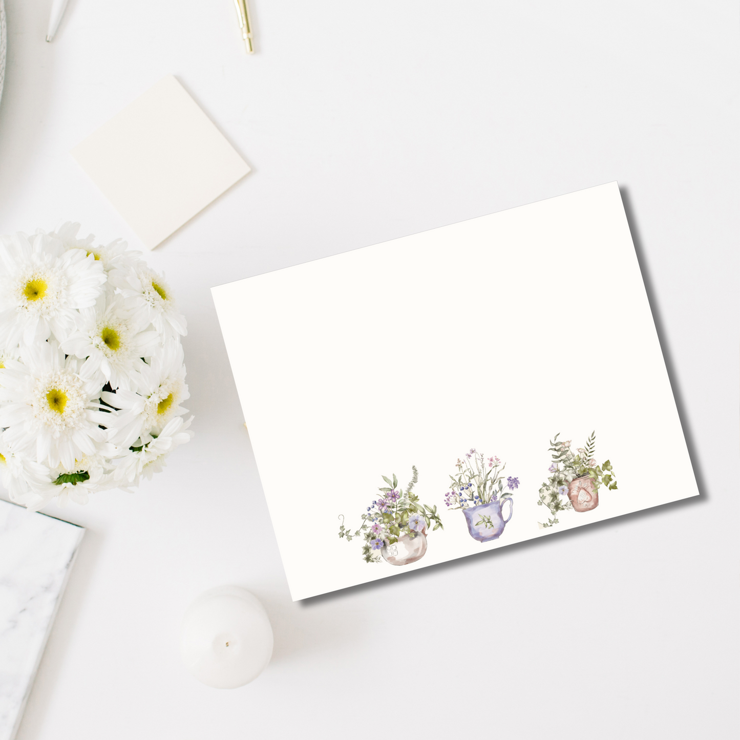 Lavender Floral Flower Pots Flat Note Card Set