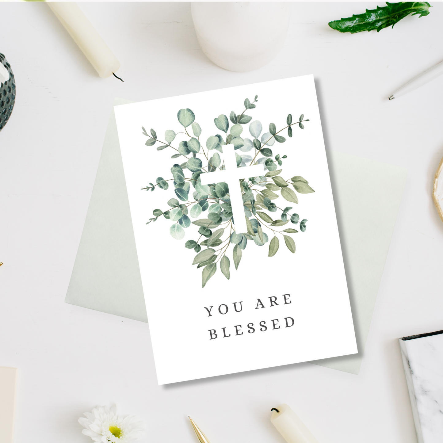 Cross with Greenery Baptism Card