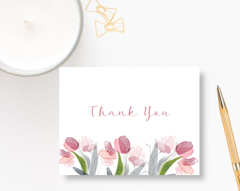 Pink Line Art Tulips  Personalized Note Cards