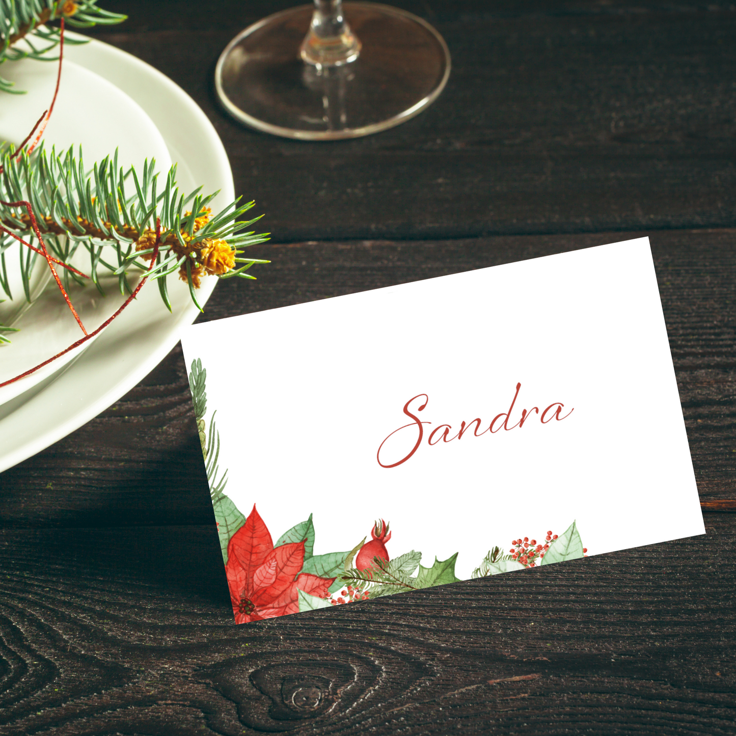 Red Poinsettia Printed Place Cards