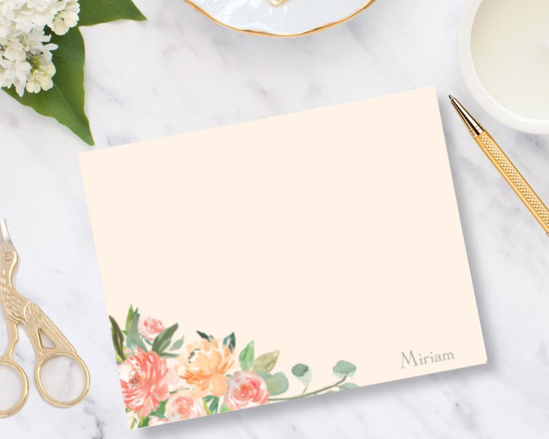 Peach Floral Accent Flat Note Card Set