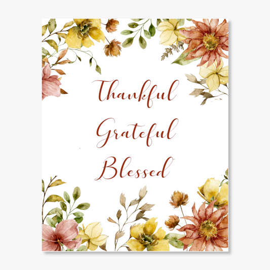 Thankful Grateful Blessed Autumn Watercolor Wall Print