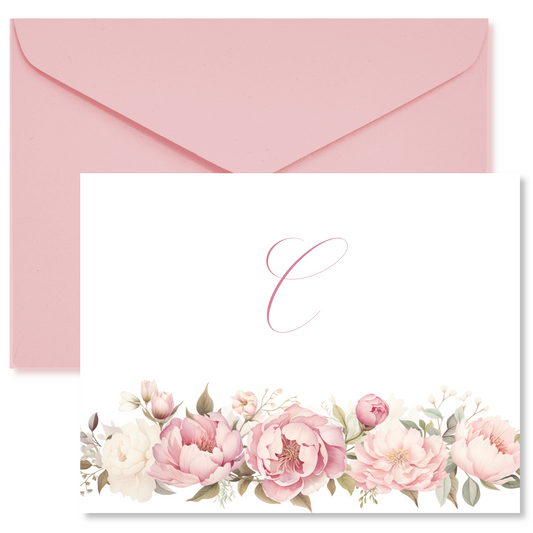 Peony Border Monogram Note Cards