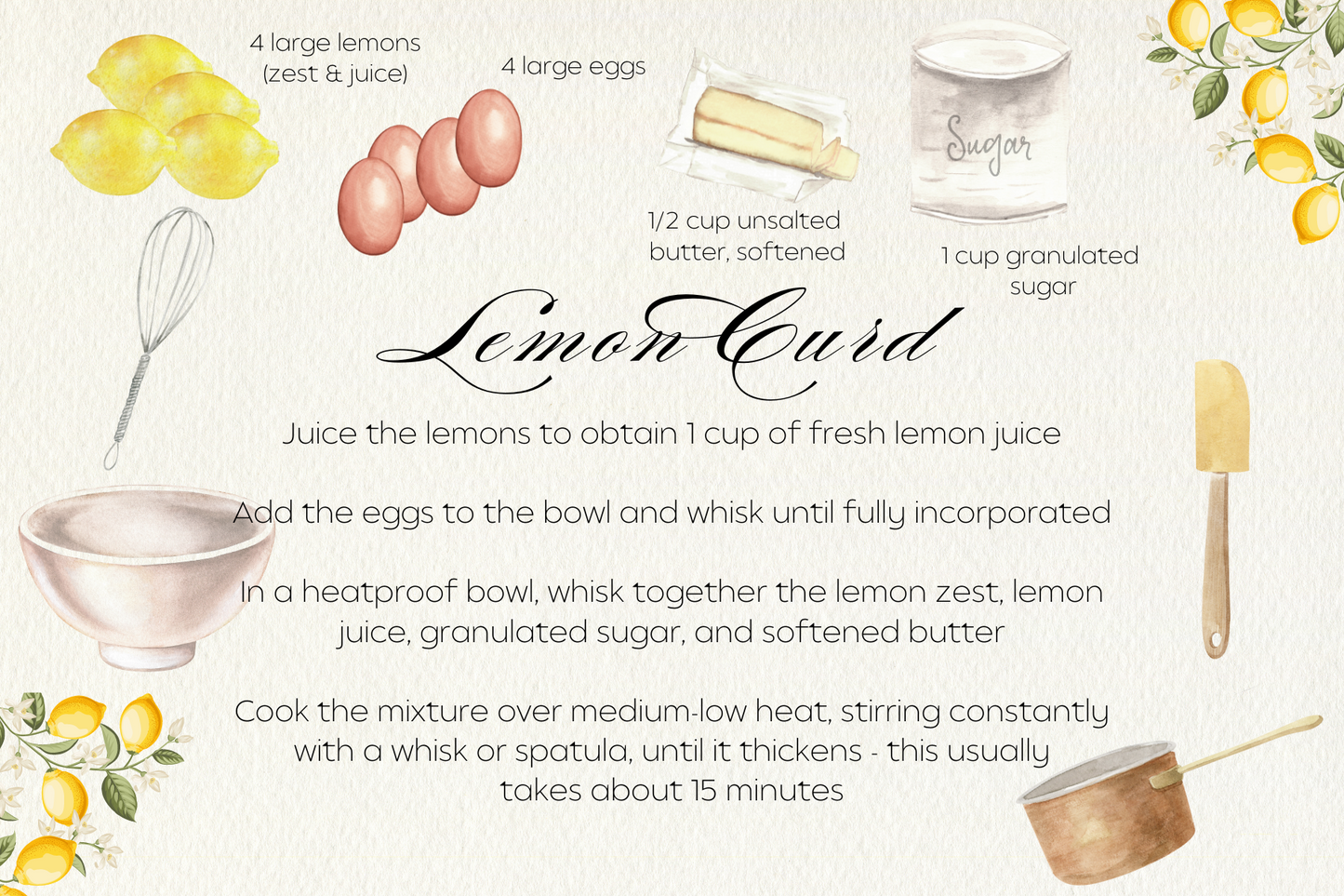 Lemon Curd Illustrated Printed Recipe Cards