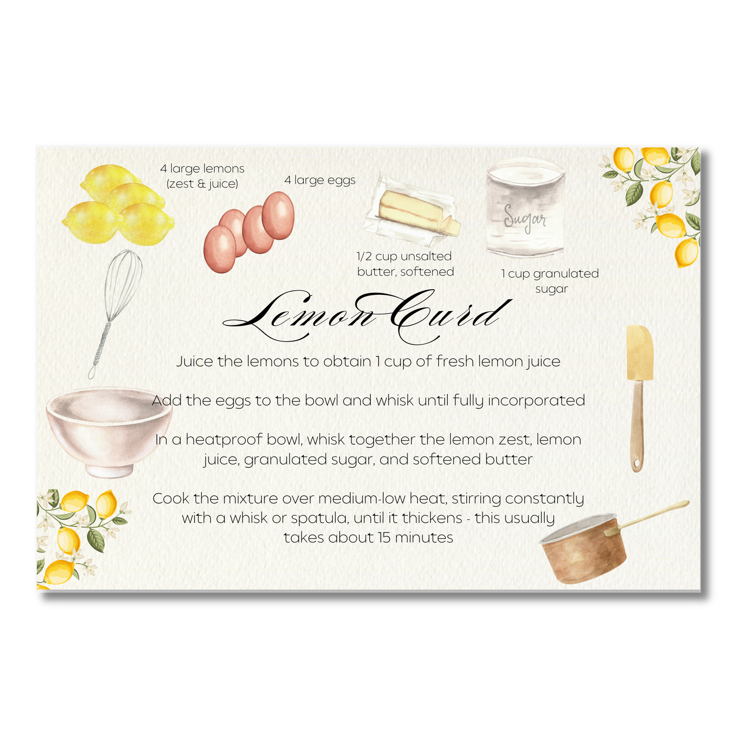 Lemon Curd Illustrated Printed Recipe Cards