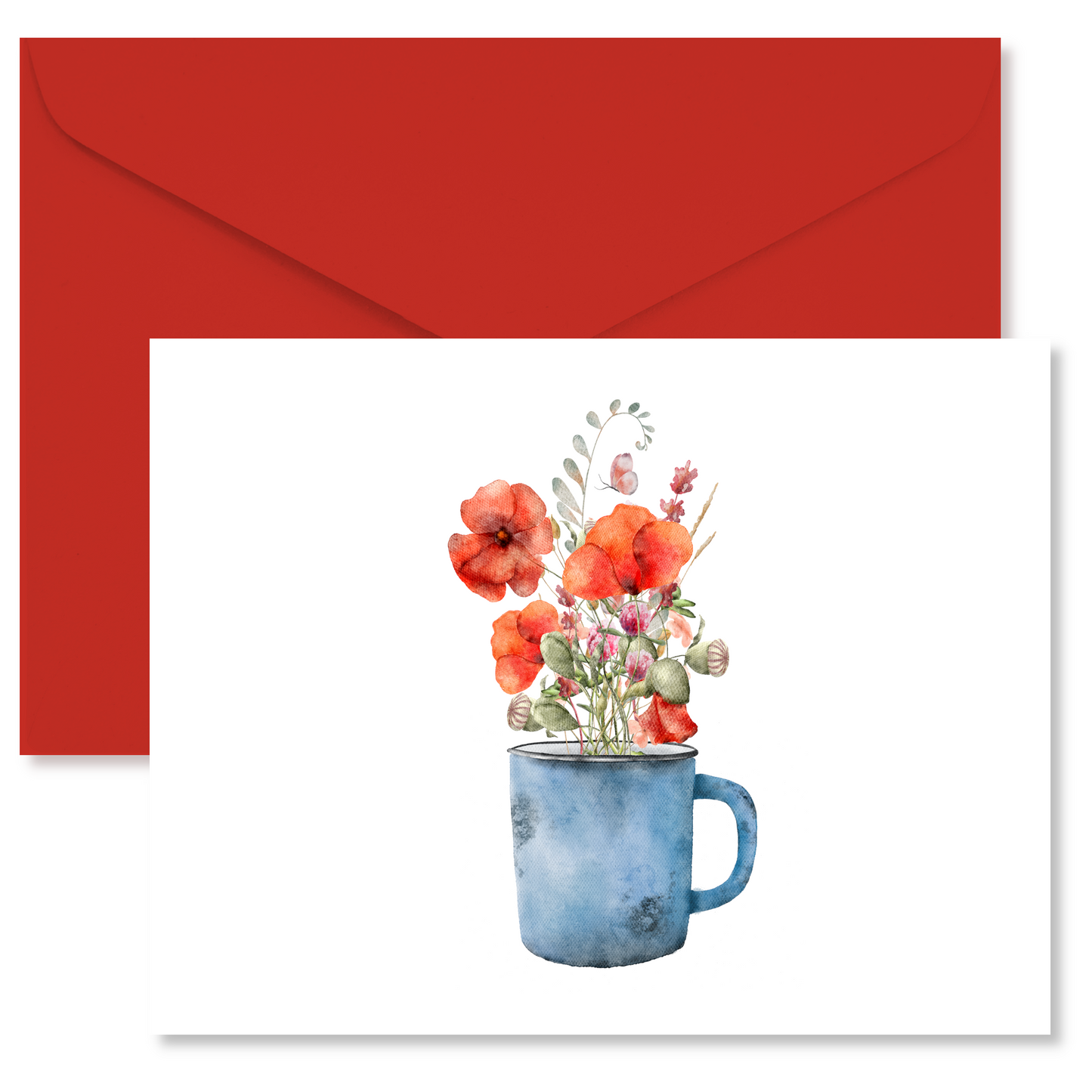 Red Poppies in Rustic Blue Cup Note Cards