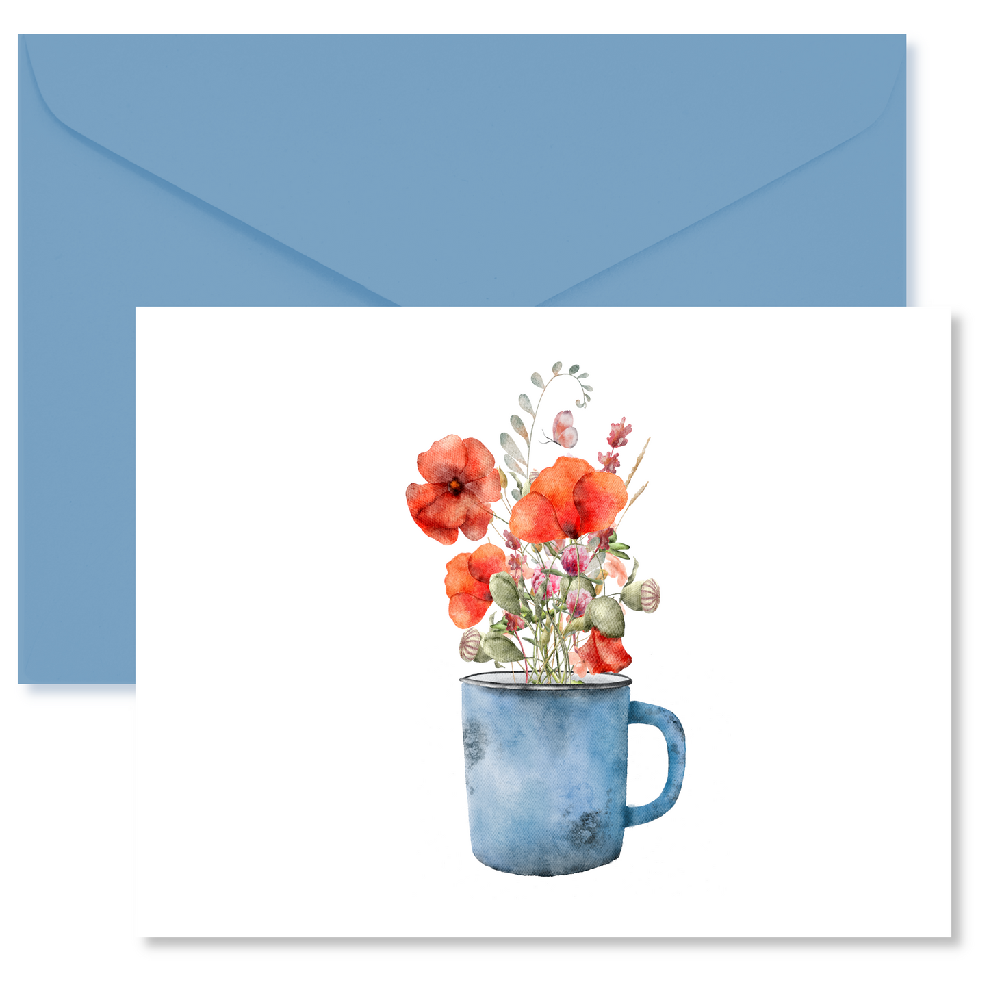 Red Poppies in Rustic Blue Cup Note Cards