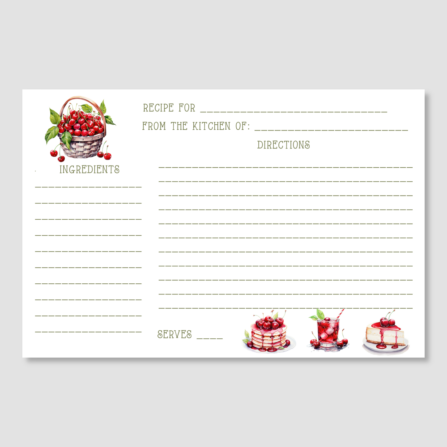 Fruit Desserts Watercolor Printed Recipe Cards